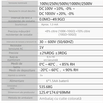 AR907A+ tester digital pentru rezistența izolației, megohmmeter de înaltă tensiune, 2500V test, precizie ±5%