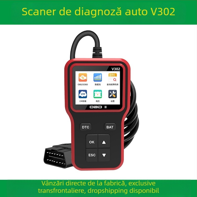 Instrument de diagnosticare OBD2 a defecțiunilor motorului – V302 scanner auto și cititor de coduri baterie (Tensiune 8–18V, Temperatură de funcționare -20°C până la 75°C, Protocol OBD2)