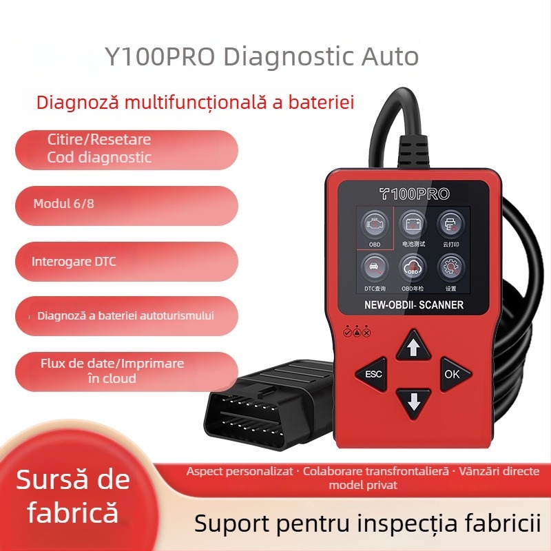 Instrument de diagnosticare OBD2 pentru mașină, interfață Elm327, diagnosticare defect motor/baterie, citire coduri, model T100pro, 12V