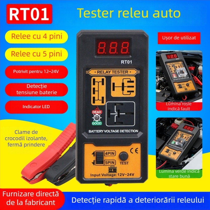 RT01 Tester pentru relee auto, 12V–24V, compatibil cu 4 pini și 5 pini, afișaj digital, analizor de relee
