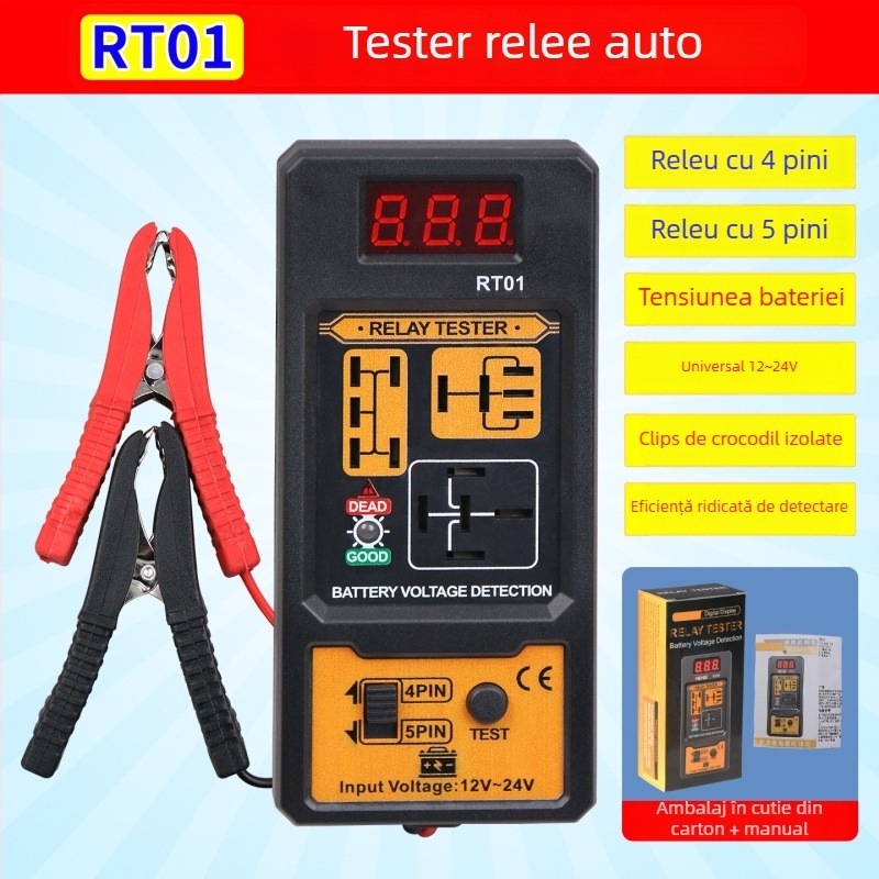 RT01 Tester pentru relee auto, 12V–24V, compatibil cu 4 pini și 5 pini, afișaj digital, analizor de relee