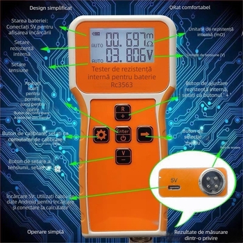 Măsurător de rezistență internă RC3563 pentru baterii Li‑ion ternare/LiFePO4, celule 18650 și 21700, Versiunea 16.8