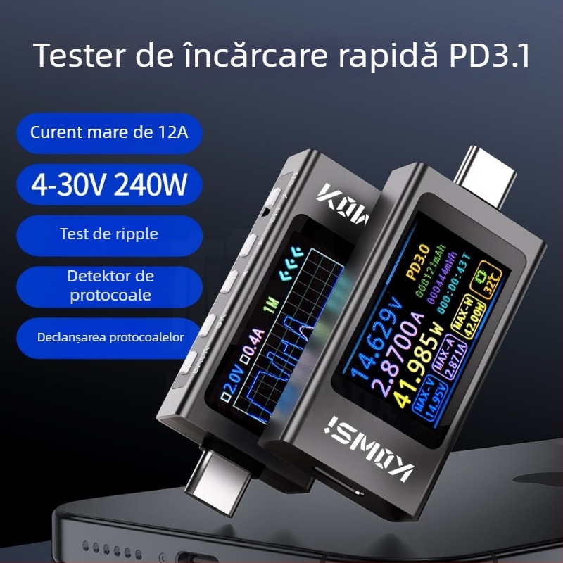 Încărcător Type-C PD cu detector de încărcare rapidă, măsurător de putere și tester USB – afișaj multifuncțional al curentului și tensiunii