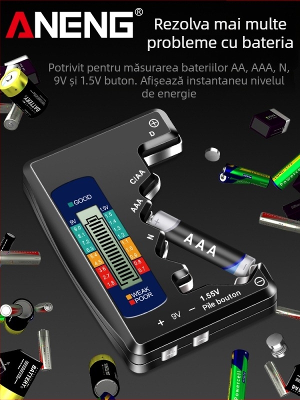 BT158 Detectoare de putere a bateriei – Ecran LCD digital, măsurarea energiei rămase, tester de tensiune și capacitate pentru baterie universală