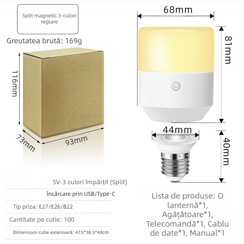 Lampa LED de noapte cu telecomandă, fără cabluri, baterie reîncărcabilă, intensitate luminoasă reglabilă, 5V, 5W, IP20