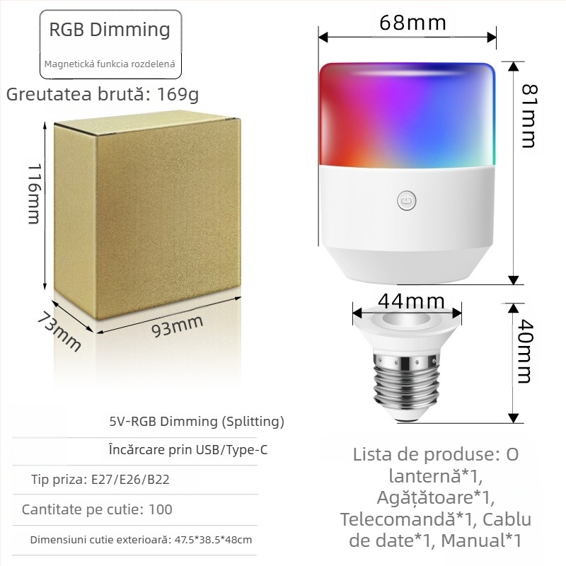 Lampa LED de noapte cu telecomandă, fără cabluri, baterie reîncărcabilă, intensitate luminoasă reglabilă, 5V, 5W, IP20