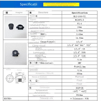 Interfață M12, obiectiv cu focală fixă de 10 mm, distorsiune redusă, compatibil cu senzor 1/1.8in, diametru filtru 9 mm