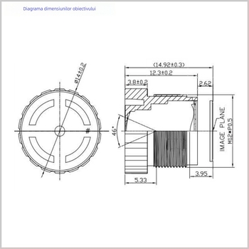 Interfață M12, obiectiv cu focală fixă de 10 mm, distorsiune redusă, compatibil cu senzor 1/1.8in, diametru filtru 9 mm