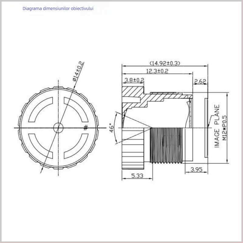 Interfață M12, obiectiv cu focală fixă de 10 mm, distorsiune redusă, compatibil cu senzor 1/1.8in, diametru filtru 9 mm