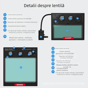 Mască de sudură cu auto-întunecare DIN9-13, filtru înlocuibil, alimentare solară, DIN4 în modul luminos