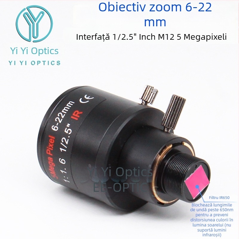 Obiectiv zoom cu zoom manual și blocare, 6-22 mm, montaj M12, F1.6, senzor 1/2.5 inci, distanță minimă de focalizare 0,3 m
