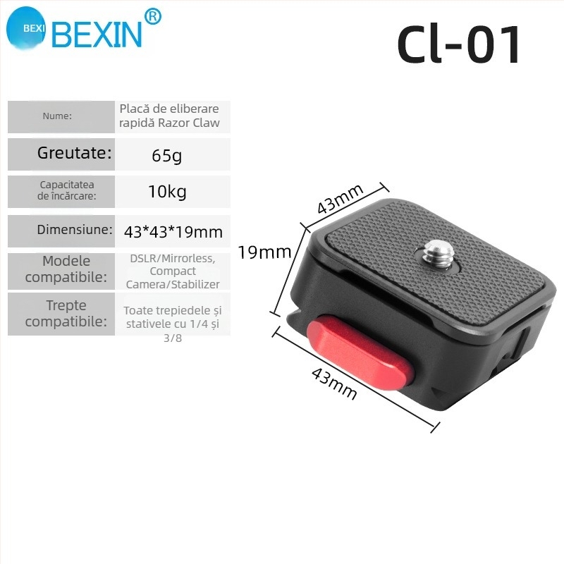 CL-01 Placă cu eliberare rapidă, aliaj de aluminiu, pentru trepied/monopod/stabilizator, sarcină 6–10 kg