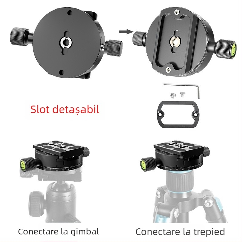 Placă de eliberare rapidă pentru cameră – clemă 360°, universală, aliaj de aluminiu, sarcină maximă 2–5 kg, dimensiuni 94,5×60 mm, greutate 0,2 kg