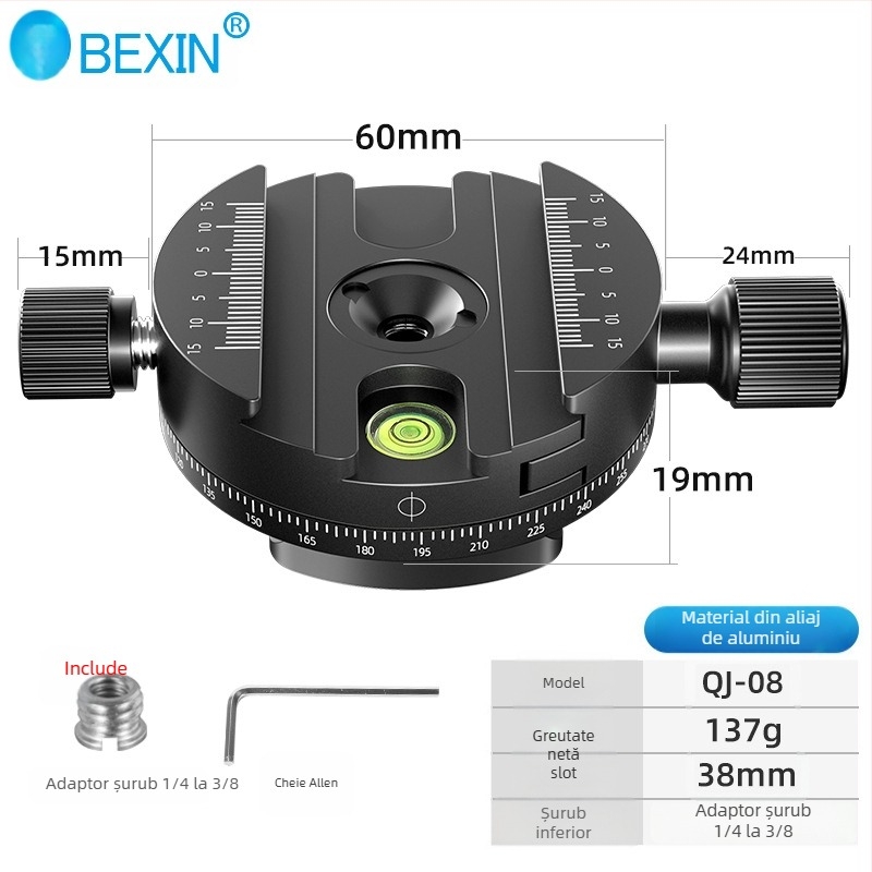 Placă de eliberare rapidă pentru cameră – clemă 360°, universală, aliaj de aluminiu, sarcină maximă 2–5 kg, dimensiuni 94,5×60 mm, greutate 0,2 kg