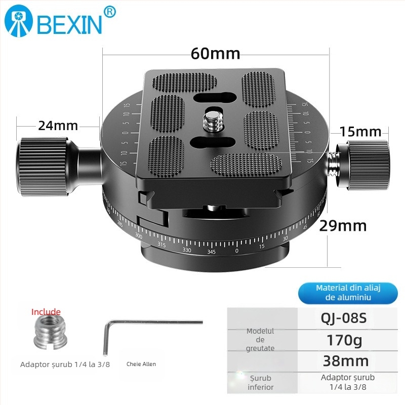 Placă de eliberare rapidă pentru cameră – clemă 360°, universală, aliaj de aluminiu, sarcină maximă 2–5 kg, dimensiuni 94,5×60 mm, greutate 0,2 kg