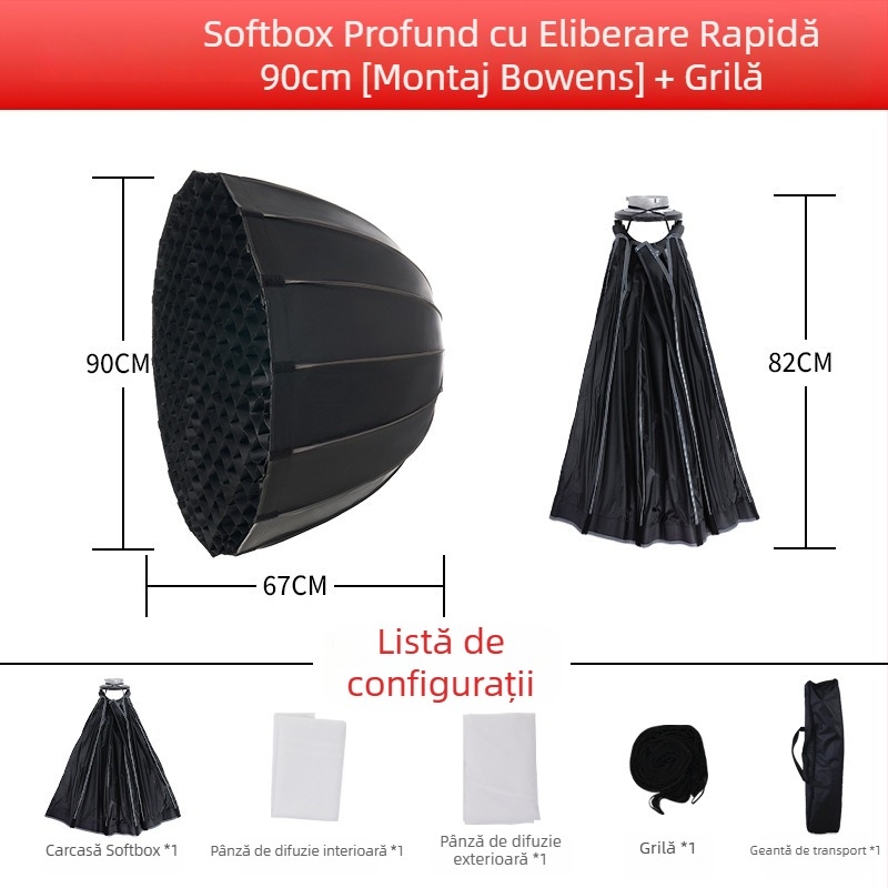 Softbox profund pentru fotografie cu grilă, model RG-90, din fibră de carbon, greutate 1 kg, sarcină 2-5 kg