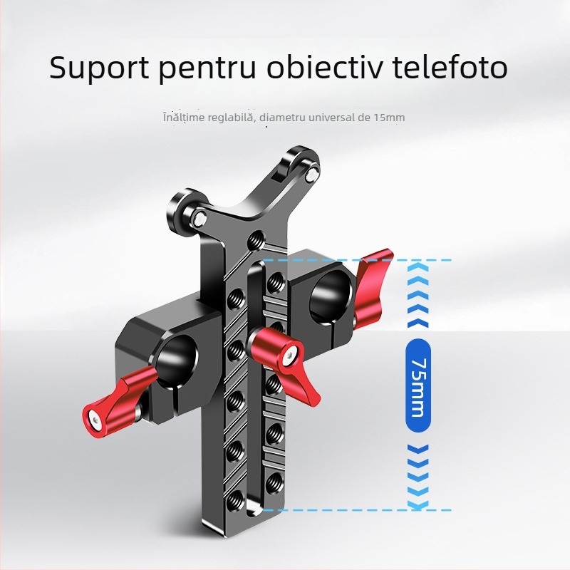 Suport pentru obiectiv teleobiectiv cu clemă pentru țeavă de 15 mm și bază pan/tilt — Model 8170, aliaj de aluminiu, 118 g
