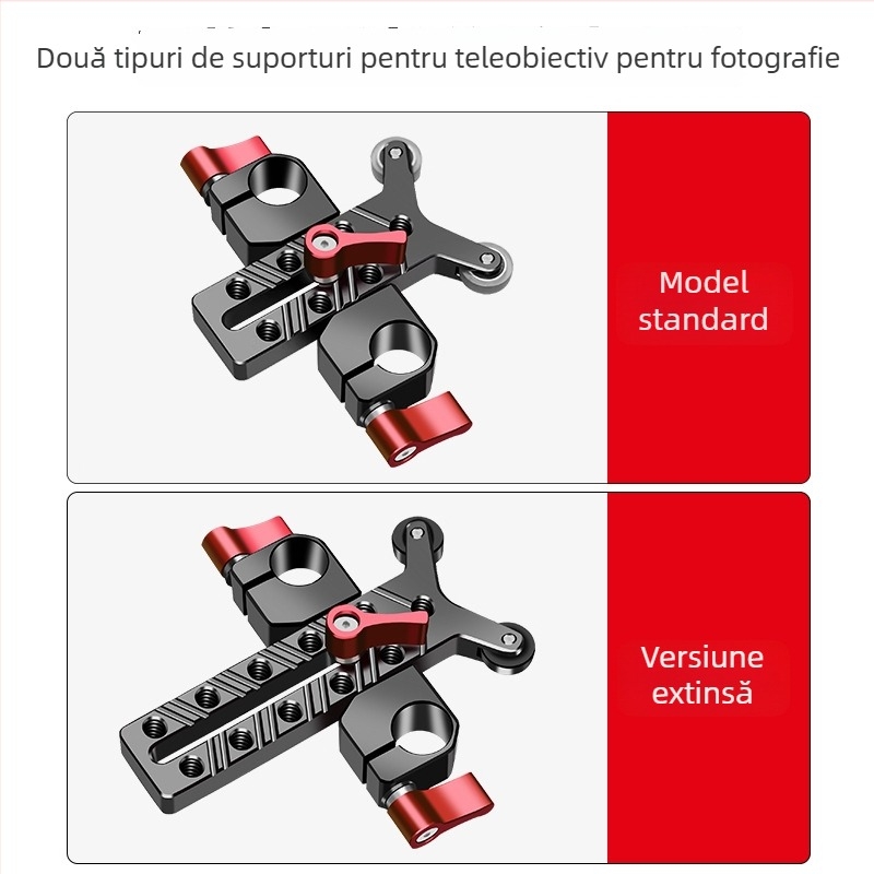 Suport pentru obiectiv teleobiectiv cu clemă pentru țeavă de 15 mm și bază pan/tilt — Model 8170, aliaj de aluminiu, 118 g