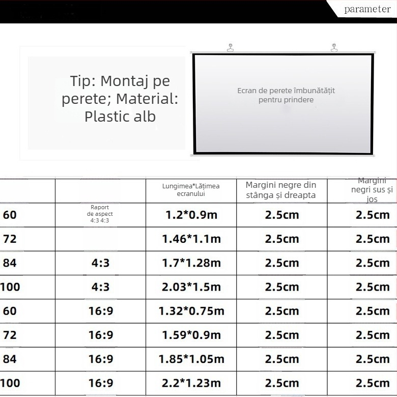 VEIDADZ Ecran de Proiecție - Montat pe perete, Cortină din plastic