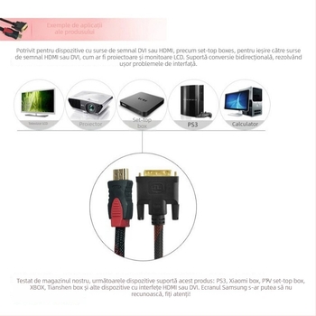 Cablu adaptor HDMI-DVI, bidirecțional, 1,5 m, conectori placati cu aur, pentru TV/monitor/proiector