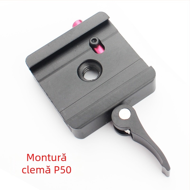 Cap de trepied cu placă de eliberare rapidă pentru DSLR, model P50 | aliaj de aluminiu | șuruburi de 3/8 și 1/4 | Sarcină maximă 6–10 kg | Dimensiuni 50×50×20 mm