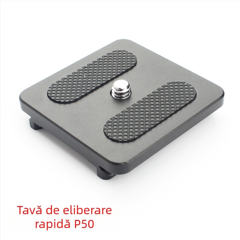 Cap de trepied cu placă de eliberare rapidă pentru DSLR, model P50 | aliaj de aluminiu | șuruburi de 3/8 și 1/4 | Sarcină maximă 6–10 kg | Dimensiuni 50×50×20 mm