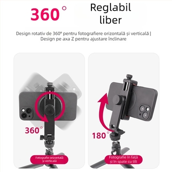 Clip pentru telefon cu rotație la unghiuri multiple, bază cu cold shoe pentru DSLR, streaming orizontal și vertical