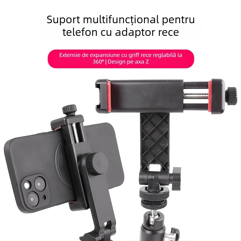 Clip pentru telefon cu rotație la unghiuri multiple, bază cu cold shoe pentru DSLR, streaming orizontal și vertical