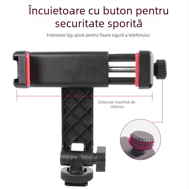 Clip pentru telefon cu rotație la unghiuri multiple, bază cu cold shoe pentru DSLR, streaming orizontal și vertical