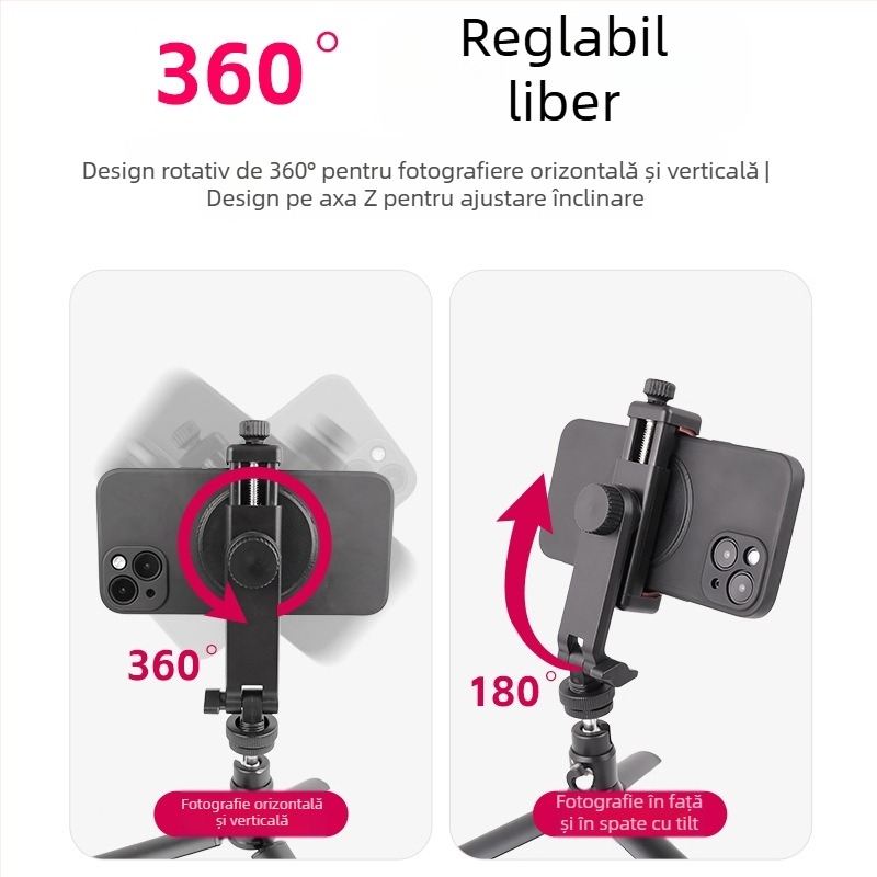 Clip pentru telefon cu rotație la unghiuri multiple, bază cu cold shoe pentru DSLR, streaming orizontal și vertical