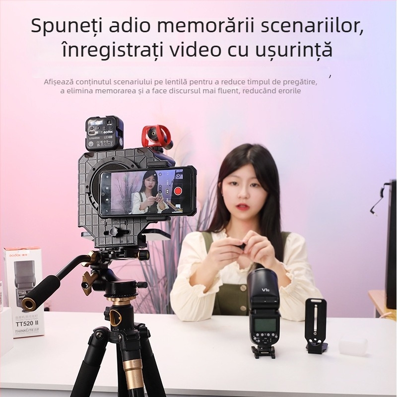 Teleprompter pentru cameră — portabil, pentru interviuri și filmări în teren, aliaj de aluminiu