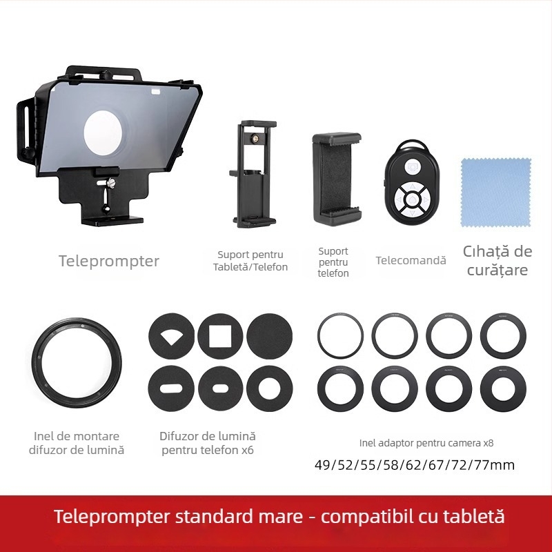 Teleprompter pentru cameră — portabil, pentru interviuri și filmări în teren, aliaj de aluminiu