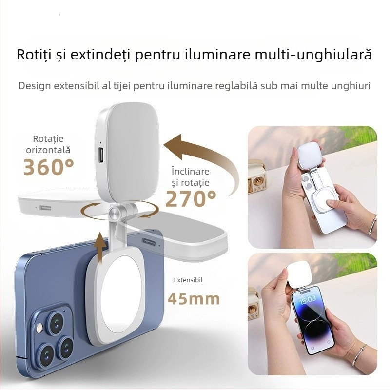 Lumină magnetică de umplere pentru telefon și suport, pentru streaming live, selfie, oglindă de machiaj, lampă portabilă de înfrumusețare, suport fotografic
