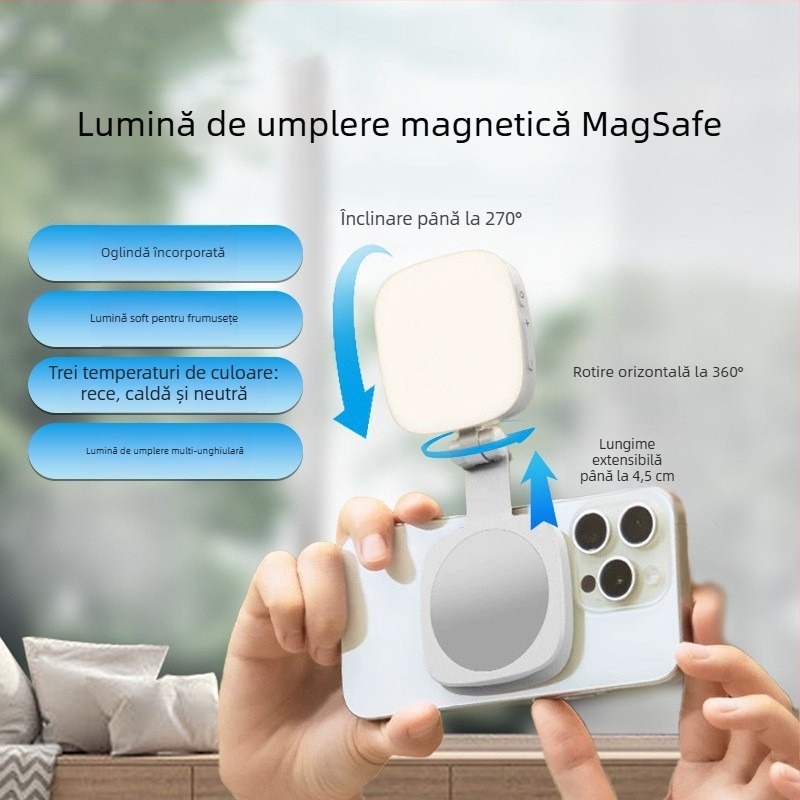 Lumină magnetică de umplere pentru telefon și suport, pentru streaming live, selfie, oglindă de machiaj, lampă portabilă de înfrumusețare, suport fotografic