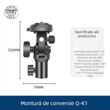 Cap de trepied cu adaptor gimball Q-K1 — eliberare rapidă, ABS, capacitate 3 kg, dimensiuni 123×70×48 mm