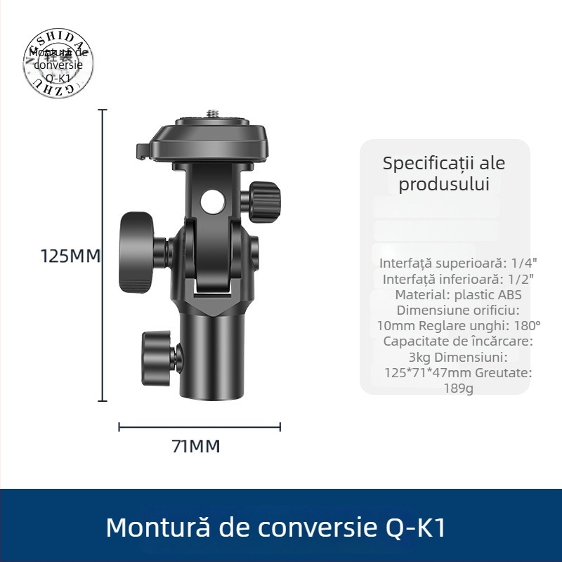Cap de trepied cu adaptor gimball Q-K1 — eliberare rapidă, ABS, capacitate 3 kg, dimensiuni 123×70×48 mm
