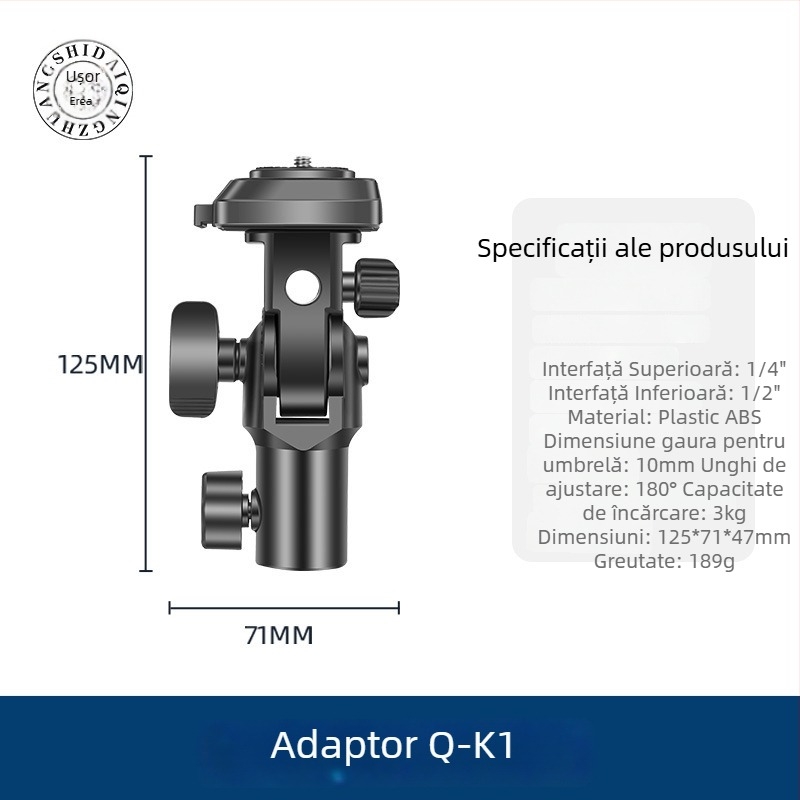 Cap de trepied cu adaptor gimball Q-K1 — eliberare rapidă, ABS, capacitate 3 kg, dimensiuni 123×70×48 mm