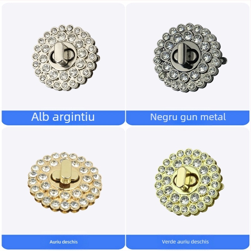 Accesorii pentru bagaje: încuietoare rotundă mică cu cristale, aliaj de zinc, finisaj auriu deschis, argintiu sau alb.