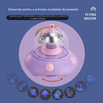 Breloc luminos cu proiecție a unei nave spațiale pentru copii, UFO mini desen animat