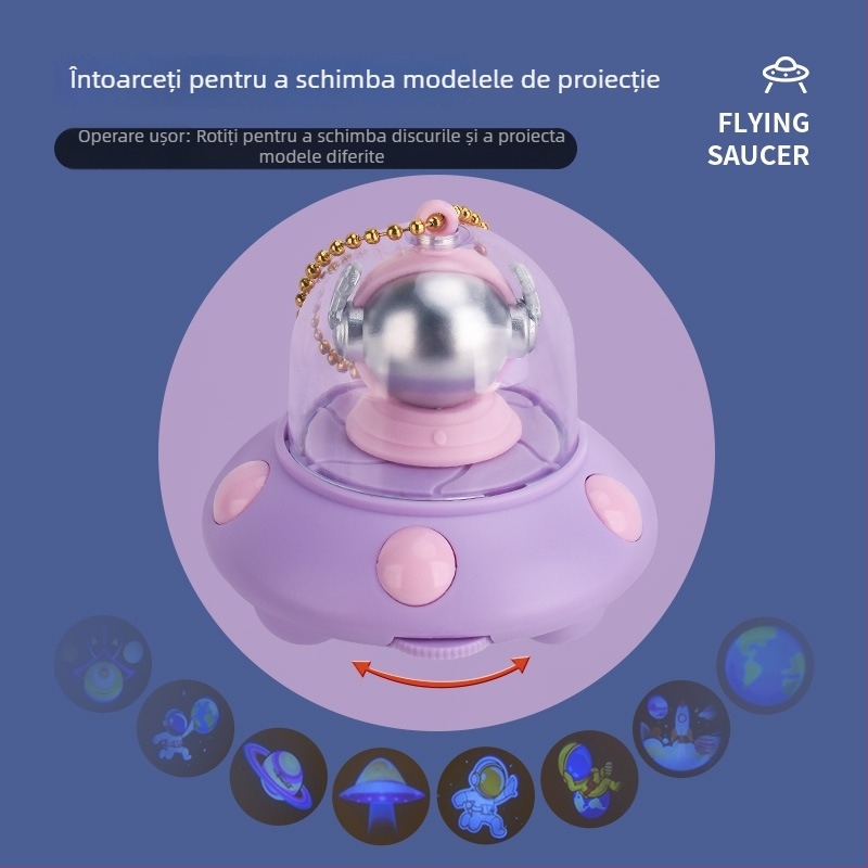 Breloc luminos cu proiecție a unei nave spațiale pentru copii, UFO mini desen animat