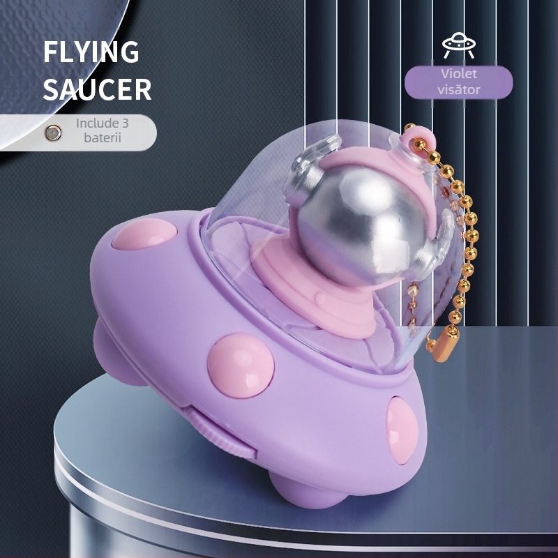 Breloc luminos cu proiecție a unei nave spațiale pentru copii, UFO mini desen animat