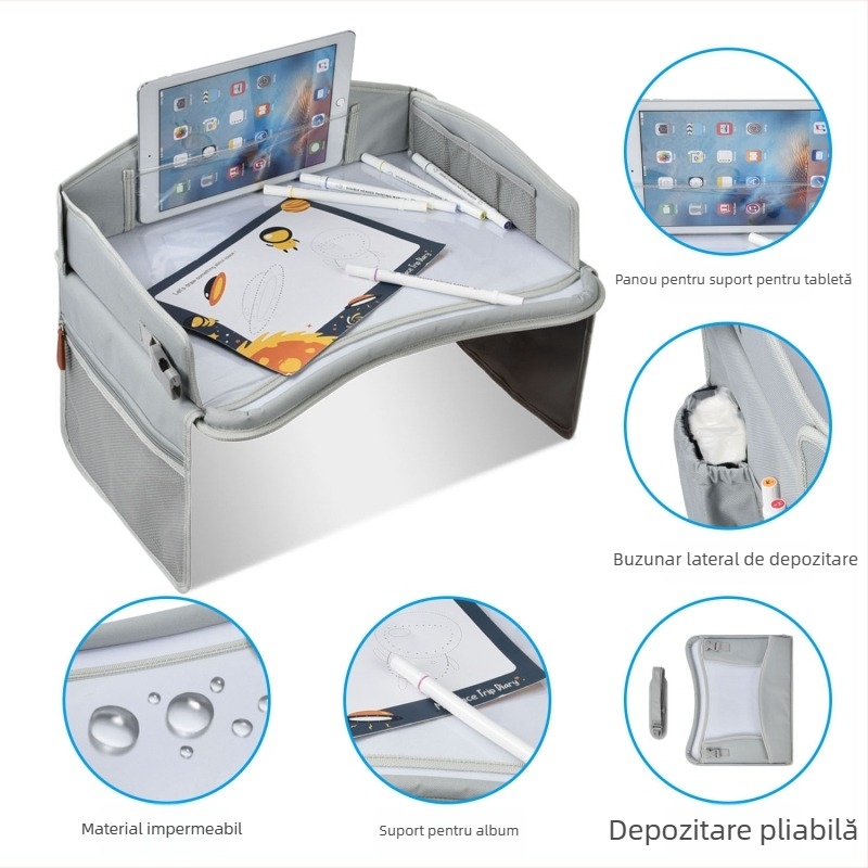 Tavă pentru scaunul auto al copiilor, planșă de desen pliabilă multifuncțională, spațiu de depozitare pentru jucării în mașină, impermeabilă și ultraușoară, din stofă Oxford