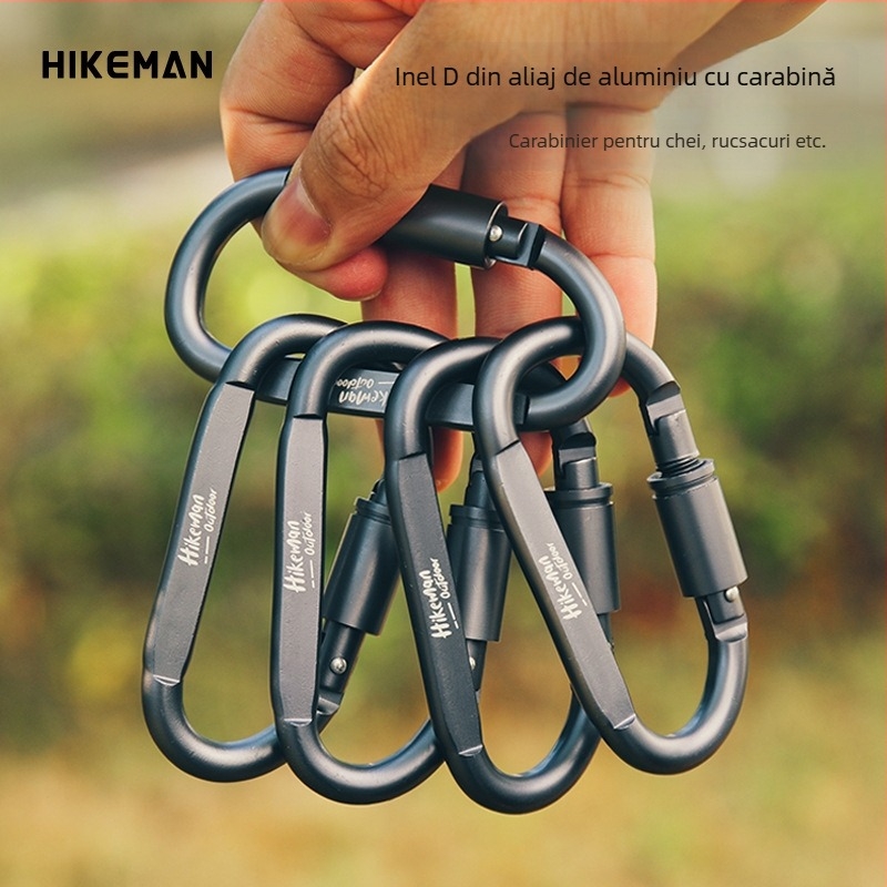 Carabiner tip D din aliaj de aluminiu, cu mecanism de blocare, pentru camping și activități în aer liber; potrivit pentru breloc și cataramă pentru rucsac