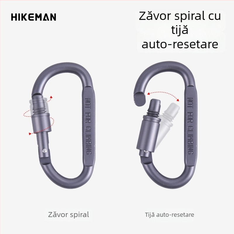 Carabiner tip D din aliaj de aluminiu, cu mecanism de blocare, pentru camping și activități în aer liber; potrivit pentru breloc și cataramă pentru rucsac