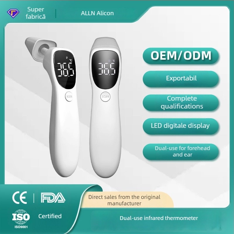 Termometru infrared pentru frunte și ureche, utilizare duală, cu afișaj LED, baterie Li-ion reîncărcabilă 3,7V, model Aet-r842, greutate 73 g