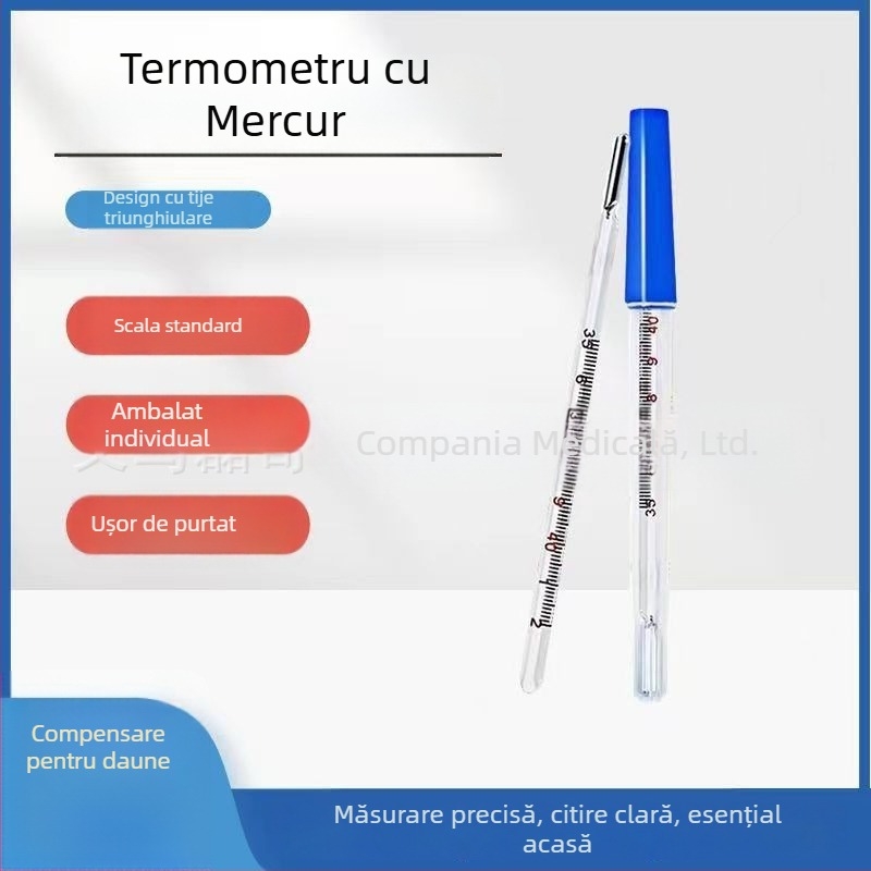Termometru cu mercur din sticlă – tijă triunghiulară, pentru subraț, măsurare rapidă și precisă a temperaturii corpului, pentru adulți și copii