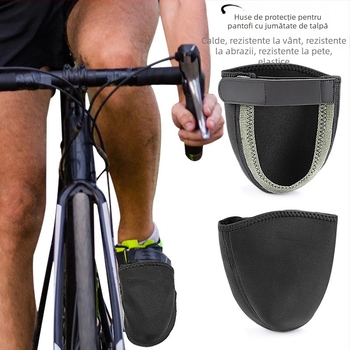Protecții pantofi ciclism outdoor – talpă decupată, partea superioară elastică reglabilă, protecție împotriva vântului și căldură, închidere automată; Materiale: Lycra, SBR, poliester, silicon, Velcro, piele; Model: Două; Pentru toate anotimpurile