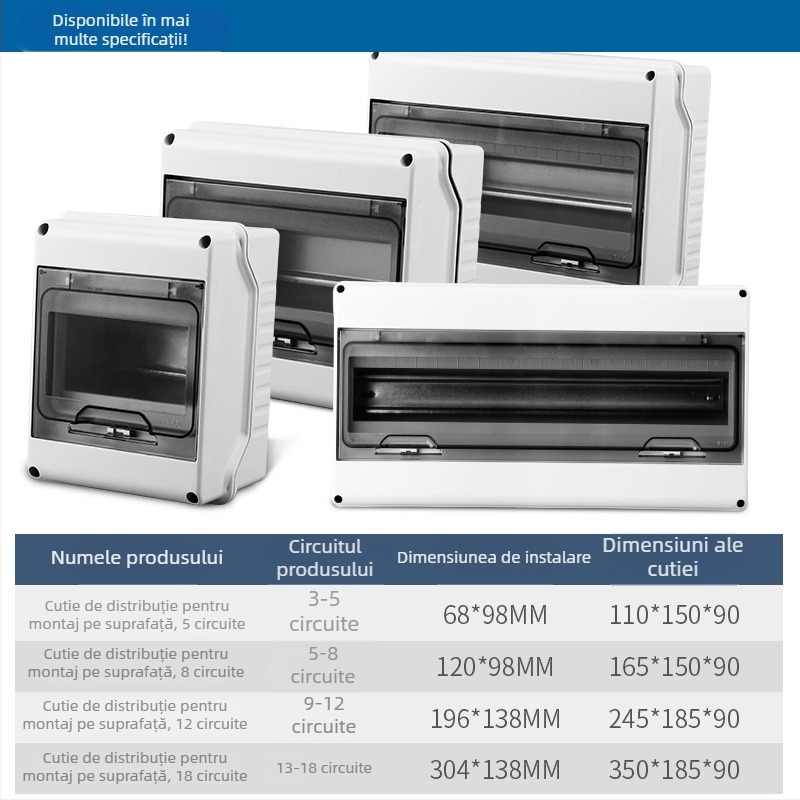 Cutie de distribuție externă, impermeabilă pentru PV, 3–18 circuite, carcasă ABS, curent nominal 10 A