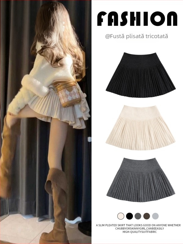 Fustă cu talie înaltă, croială A, țesătură din lână, model 3D cu efect de colaj, poliester 90–95% și spandex sub 30%