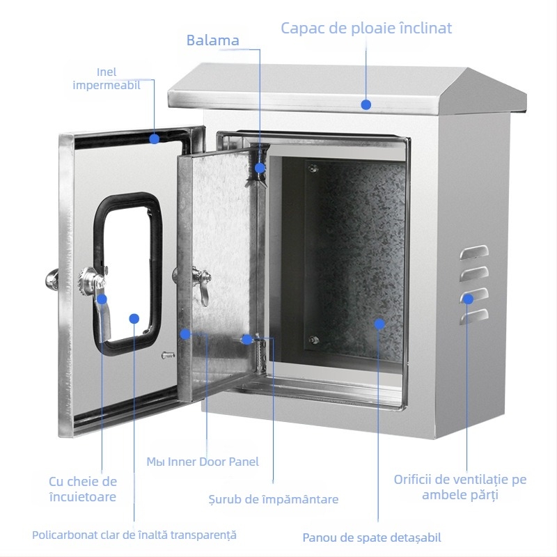 Cutie de distribuție din oțel inoxidabil 304 pentru exterior, cu două uși – închidere etanșă pentru monitorizare, alimentare și controlul echipamentelor (grosimea plăcii 0,8–2,0 mm; mai multe dimensiuni)